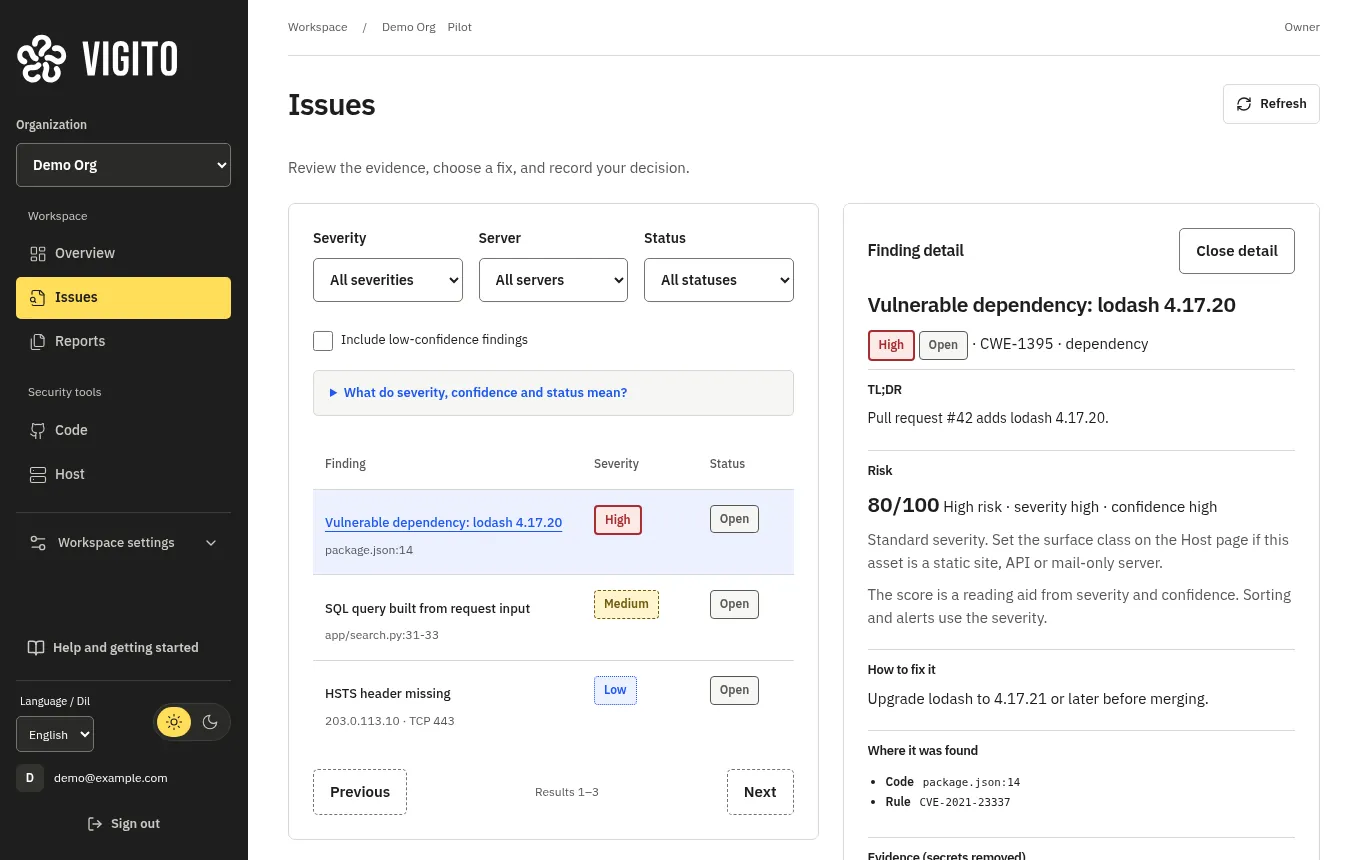 Vigito issues screen with the detail of an open dependency finding, example data.