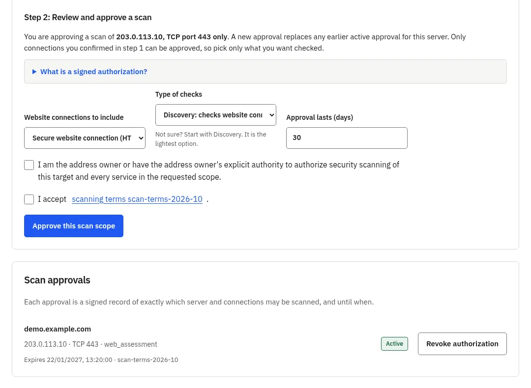 Vigito scan approval screen with the selected connection and an active signed authorization, example data.